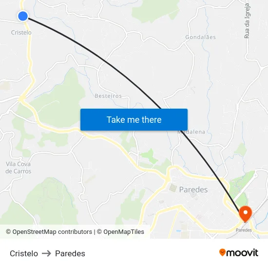 Cristelo to Paredes map