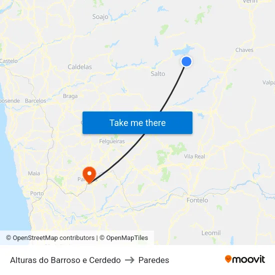 Alturas do Barroso e Cerdedo to Paredes map