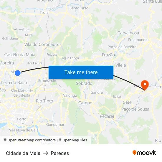 Cidade da Maia to Paredes map