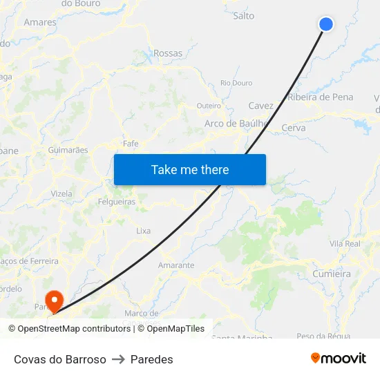 Covas do Barroso to Paredes map