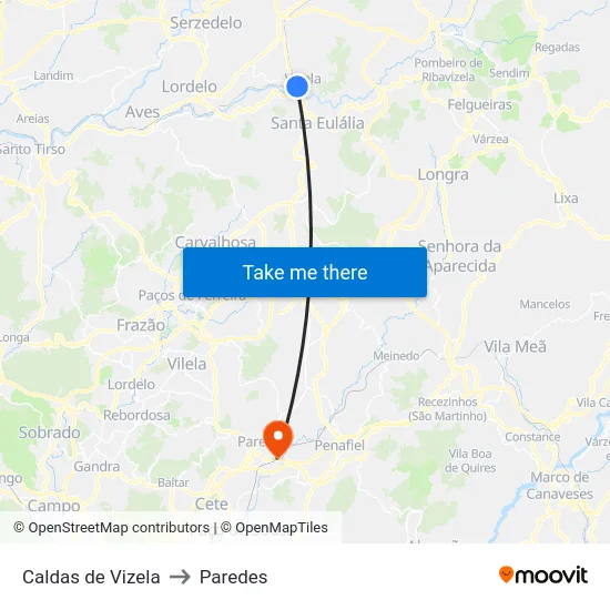 Caldas de Vizela to Paredes map