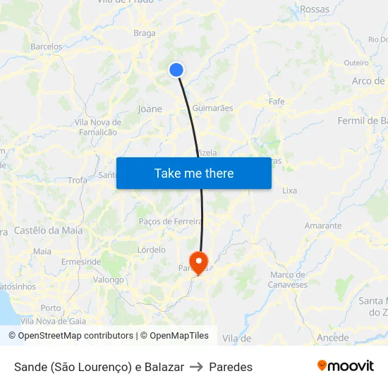 Sande (São Lourenço) e Balazar to Paredes map