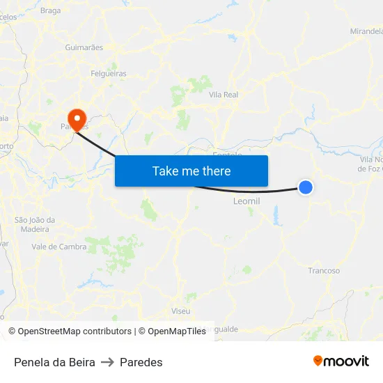Penela da Beira to Paredes map