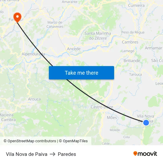 Vila Nova de Paiva to Paredes map