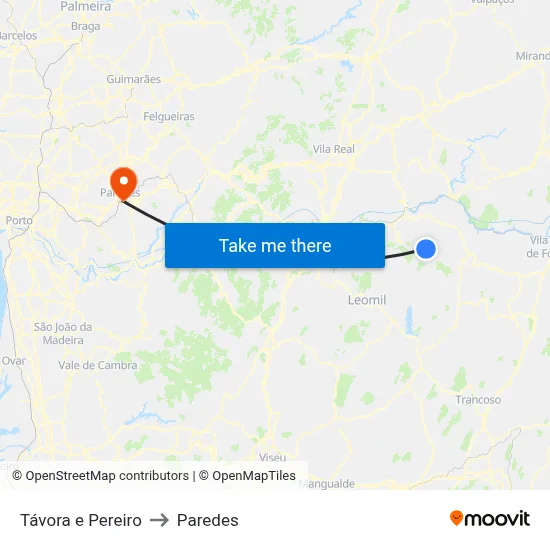Távora e Pereiro to Paredes map