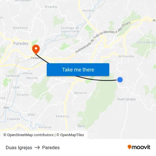 Duas Igrejas to Paredes map