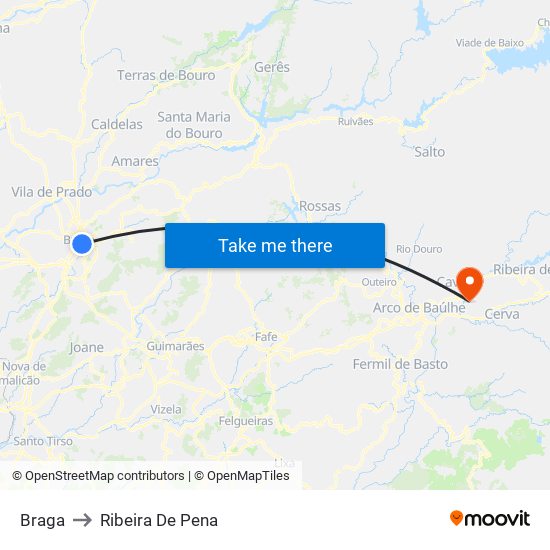 Braga to Ribeira De Pena map