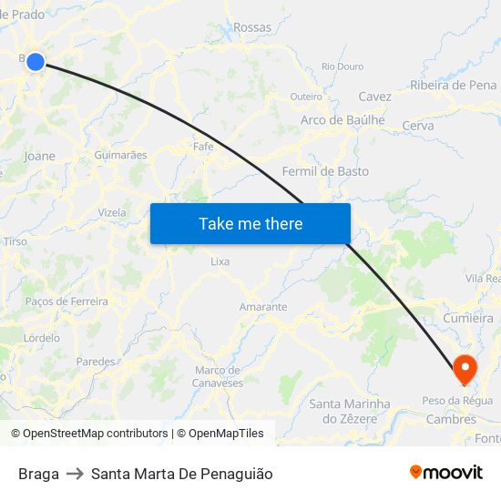 Braga to Santa Marta De Penaguião map