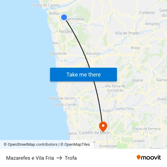Mazarefes e Vila Fria to Trofa map