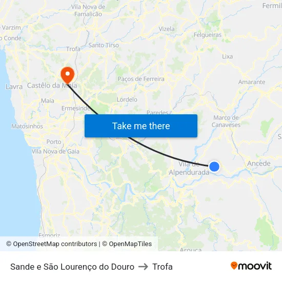 Sande e São Lourenço do Douro to Trofa map