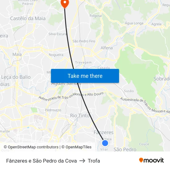 Fânzeres e São Pedro da Cova to Trofa map