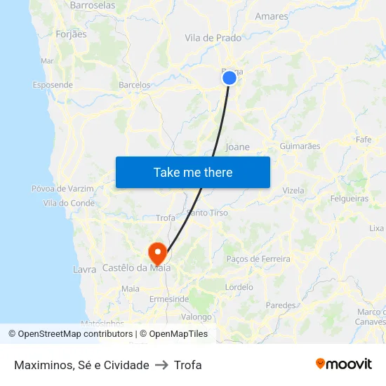 Maximinos, Sé e Cividade to Trofa map