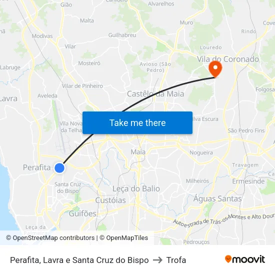 Perafita, Lavra e Santa Cruz do Bispo to Trofa map