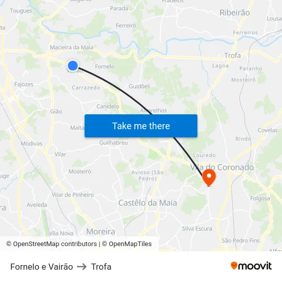 Fornelo e Vairão to Trofa map