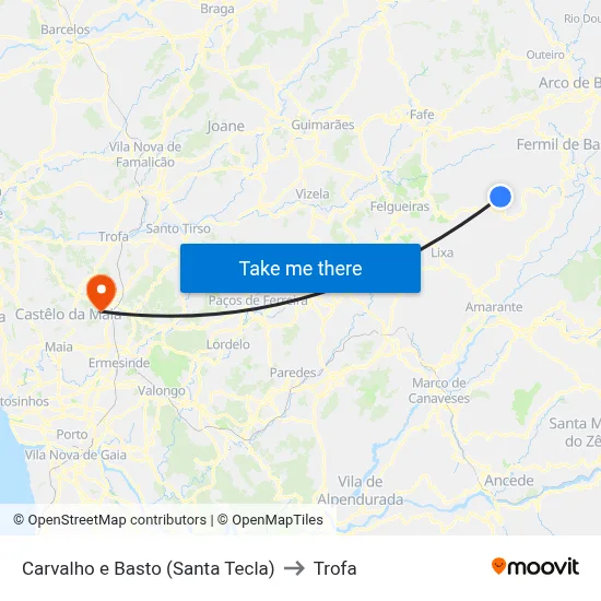 Carvalho e Basto (Santa Tecla) to Trofa map