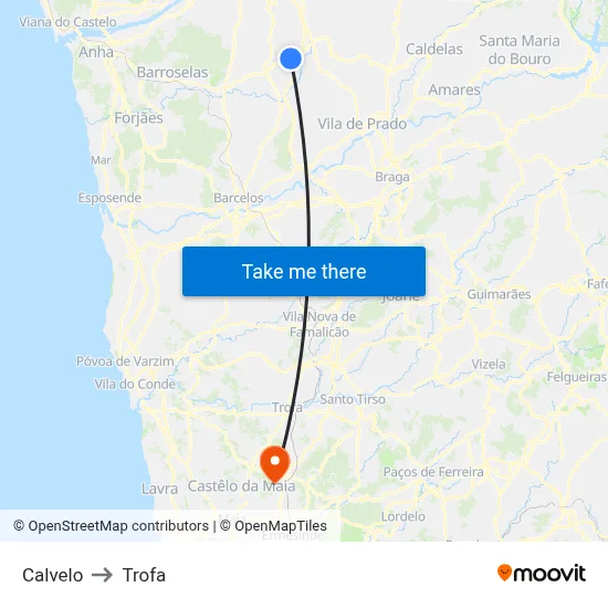 Calvelo to Trofa map