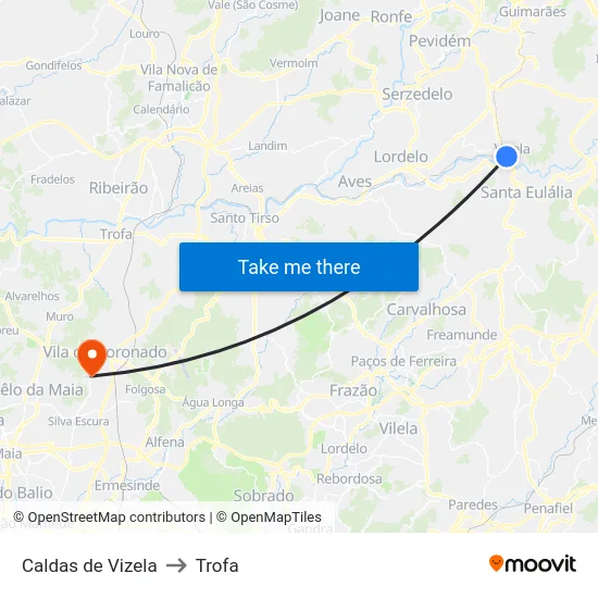 Caldas de Vizela to Trofa map