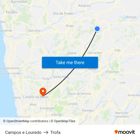 Campos e Louredo to Trofa map