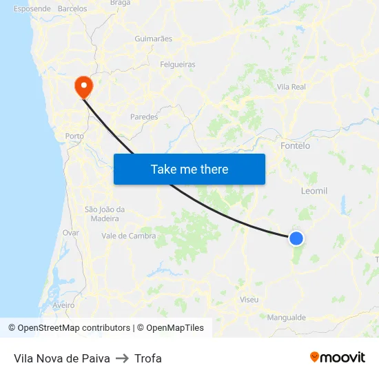 Vila Nova de Paiva to Trofa map
