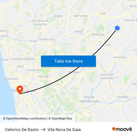 Celorico De Basto to Vila Nova De Gaia map