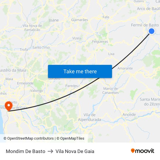 Mondim De Basto to Vila Nova De Gaia map