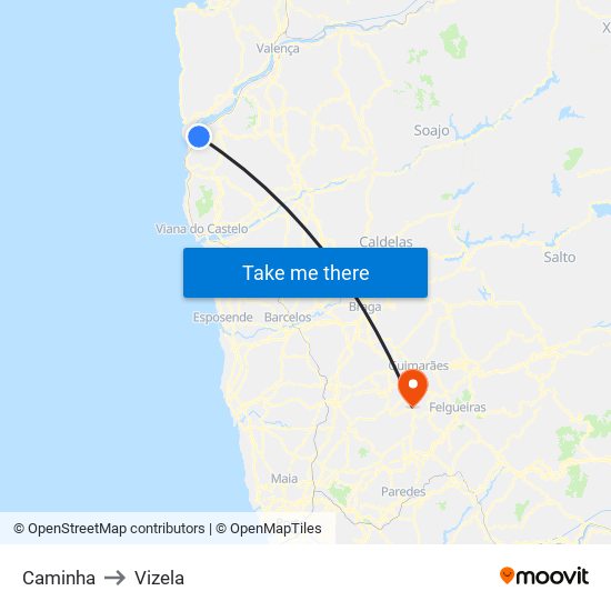 Caminha to Vizela map