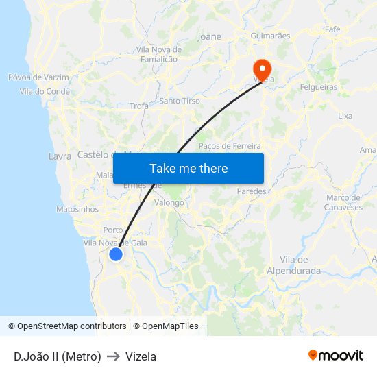 D.João II (Metro) to Vizela map