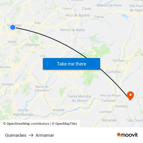 Guimarães to Armamar map