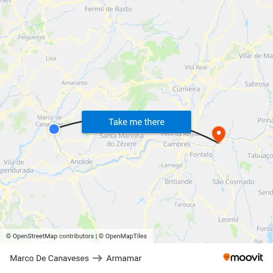 Marco De Canaveses to Armamar map