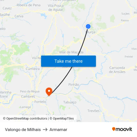 Valongo de Milhais to Armamar map