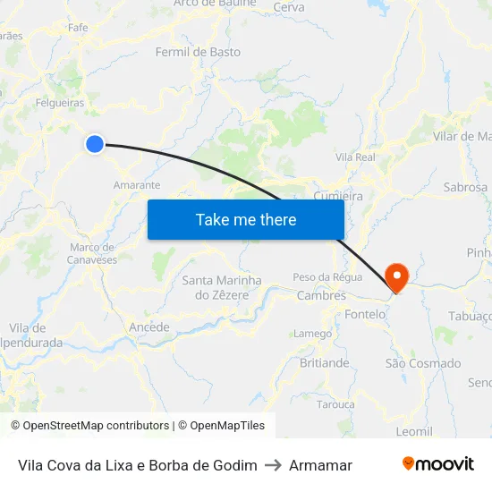 Vila Cova da Lixa e Borba de Godim to Armamar map