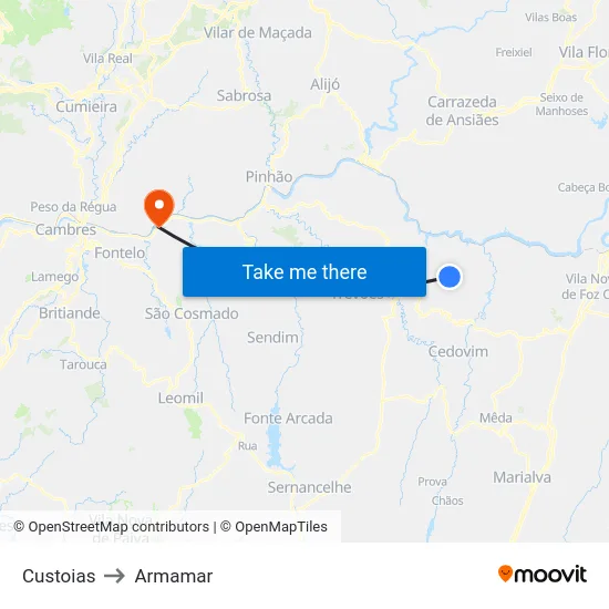 Custoias to Armamar map