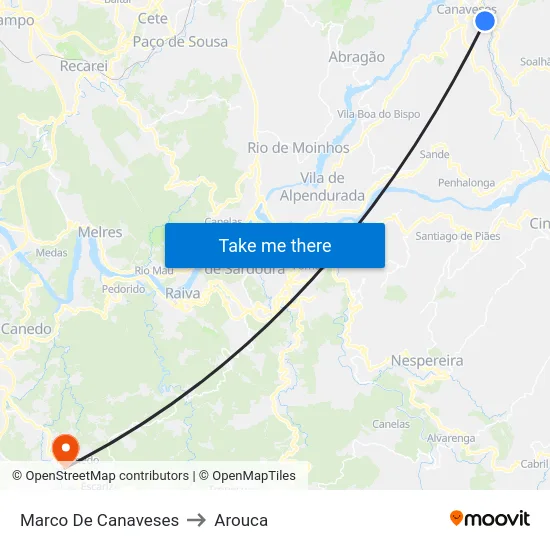 Marco De Canaveses to Arouca map