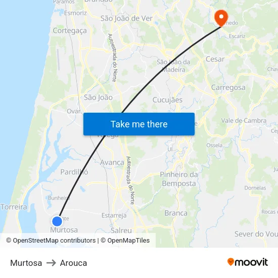 Murtosa to Arouca map
