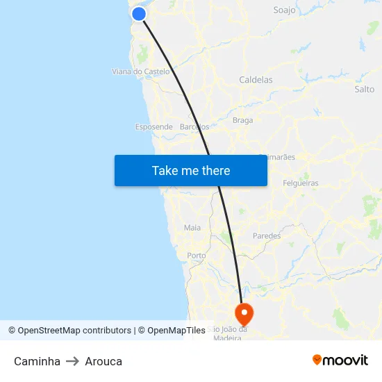 Caminha to Arouca map