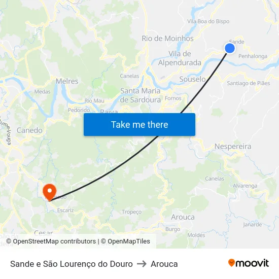 Sande e São Lourenço do Douro to Arouca map