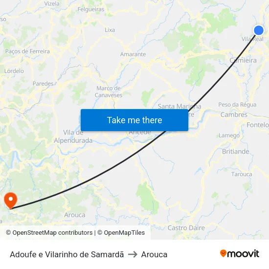 Adoufe e Vilarinho de Samardã to Arouca map