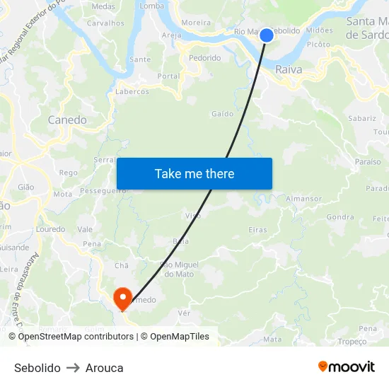 Sebolido to Arouca map