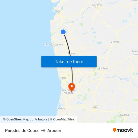 Paredes de Coura to Arouca map