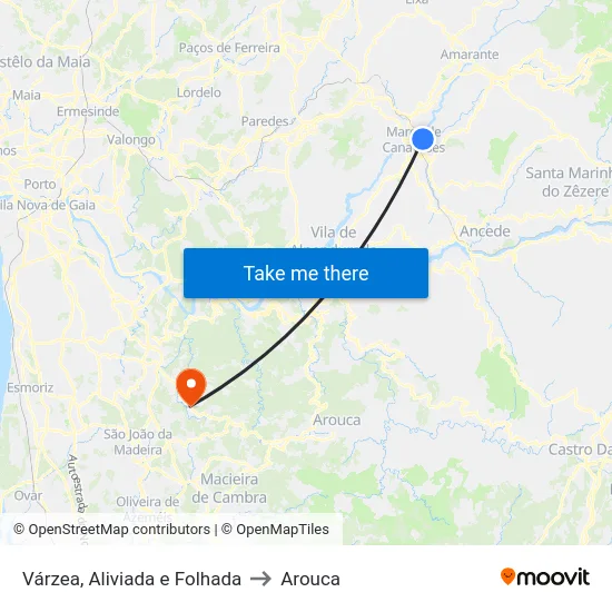 Várzea, Aliviada e Folhada to Arouca map