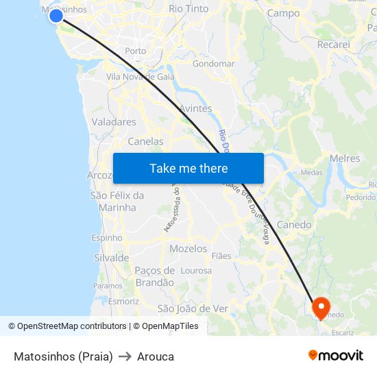 Matosinhos (Praia) to Arouca map