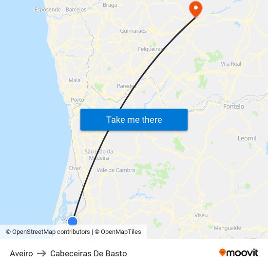 Aveiro to Cabeceiras De Basto map