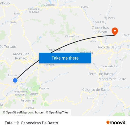 Fafe to Cabeceiras De Basto map