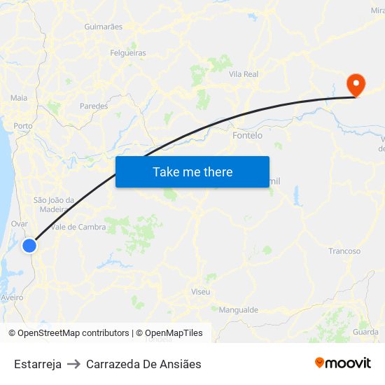Estarreja to Carrazeda De Ansiães map