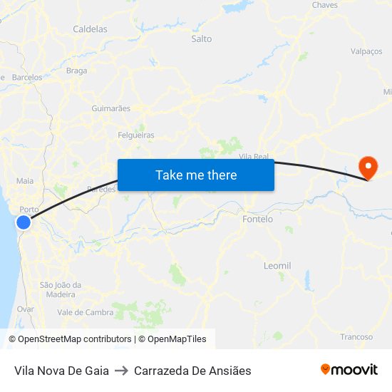 Vila Nova De Gaia to Carrazeda De Ansiães map