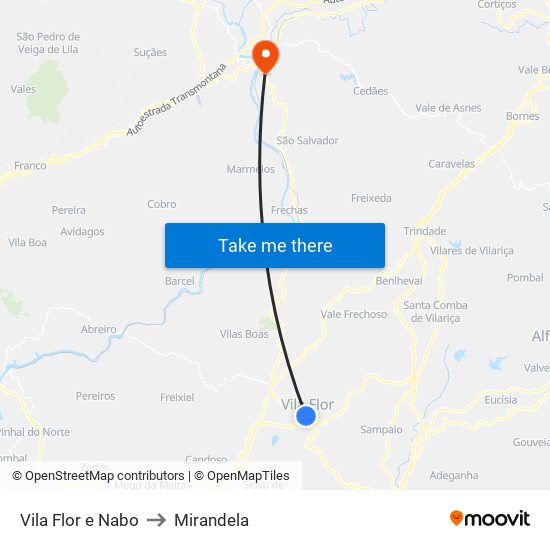 Vila Flor e Nabo to Mirandela map