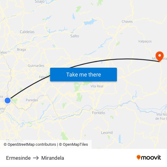 Ermesinde to Mirandela map