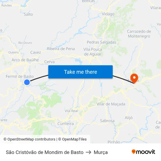 São Cristóvão de Mondim de Basto to Murça map