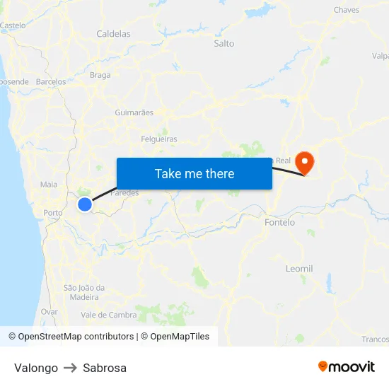 Valongo to Sabrosa map