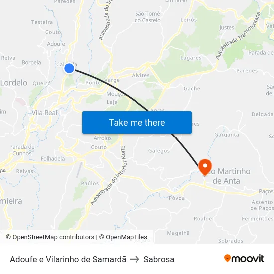 Adoufe e Vilarinho de Samardã to Sabrosa map
